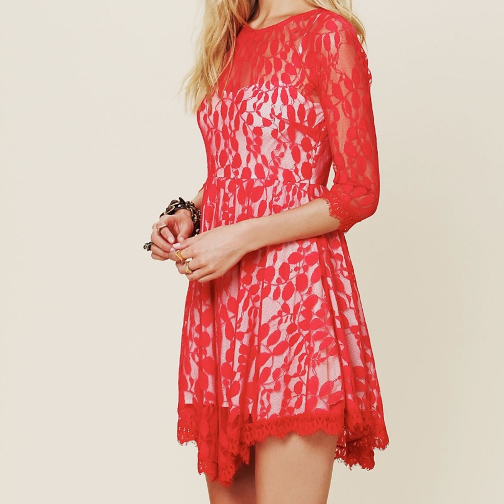 Free People Red Floral Mesh Lace Dress